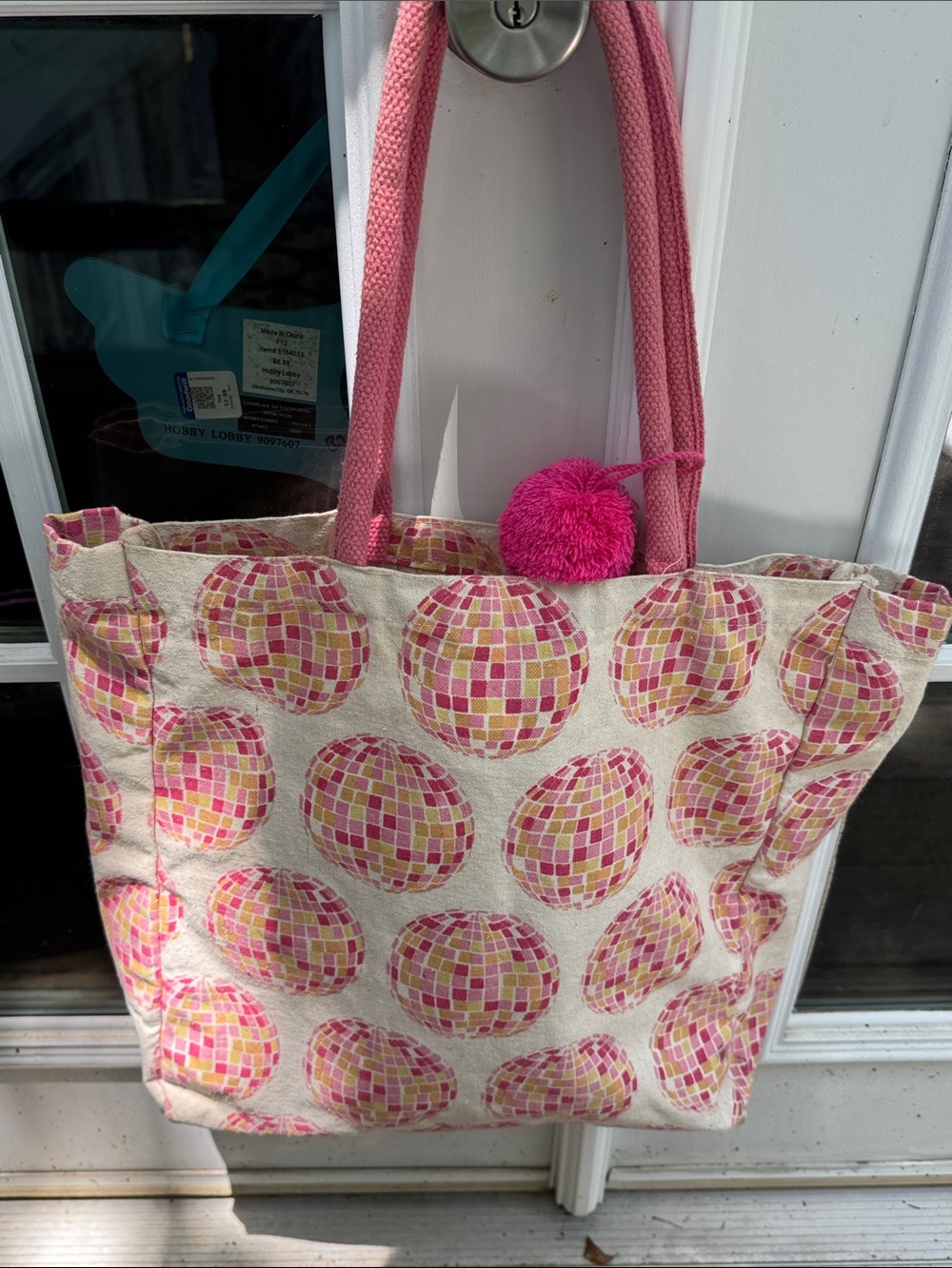 Pink Mosaic Disco Ball Canvas Tote Bag with Pom Accent - Picture 1 of 6